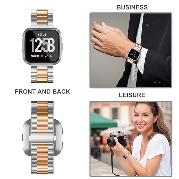 Wearlizer Wearlizer Stainless Steel Bands for Fitbit Versa Versa 2 Lite SE Ultra Thin Lightweight Replacement for Men and Women Copper Gold Silver - View 3 of 5