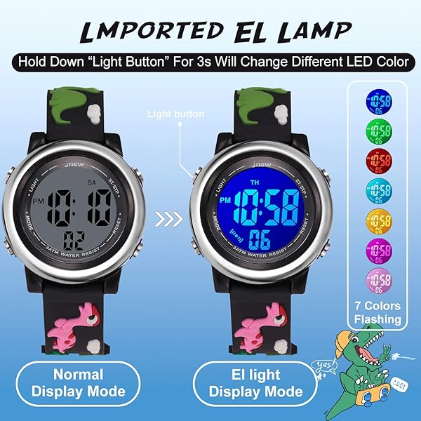 cofuo Kids Digital Sports Waterproof Watch for Boys and Girls 3-12 with Luminous Alarm Stopwatch Black Dinosaur Design - View 2 of 7
