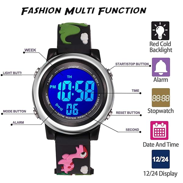cofuo Kids Digital Sports Waterproof Watch for Boys and Girls 3-12 with Luminous Alarm Stopwatch Black Dinosaur Design - View 3 of 7