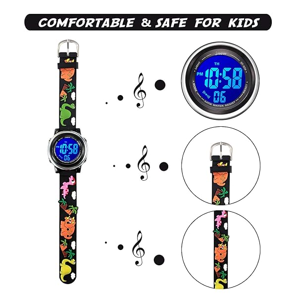 cofuo Kids Digital Sports Waterproof Watch for Boys and Girls 3-12 with Luminous Alarm Stopwatch Black Dinosaur Design - View 4 of 7
