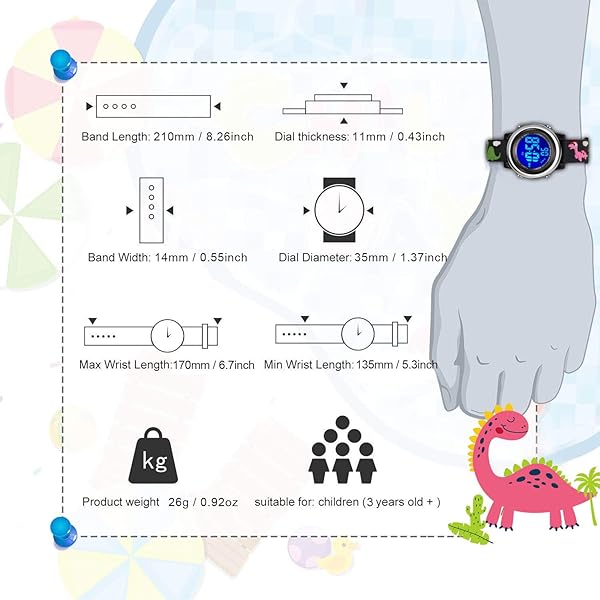 cofuo Kids Digital Sports Waterproof Watch for Boys and Girls 3-12 with Luminous Alarm Stopwatch Black Dinosaur Design - View 6 of 7
