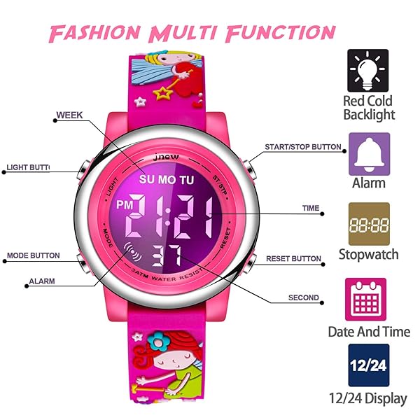 cofuo Cofuo Kids Digital Sports Waterproof Watch for Girls 3D Cartoon LED Toddler Wristwatch with Alarm Stopwatch for Ages 3-12 Red Little Fairy - View 3 of 7