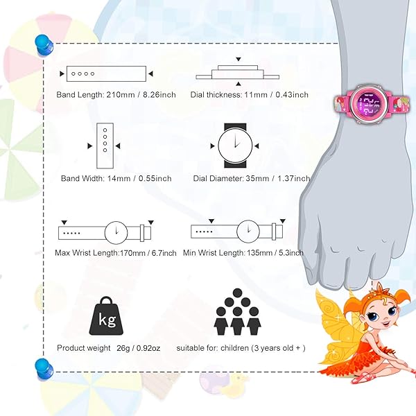 cofuo Cofuo Kids Digital Sports Waterproof Watch for Girls 3D Cartoon LED Toddler Wristwatch with Alarm Stopwatch for Ages 3-12 Red Little Fairy - View 6 of 7