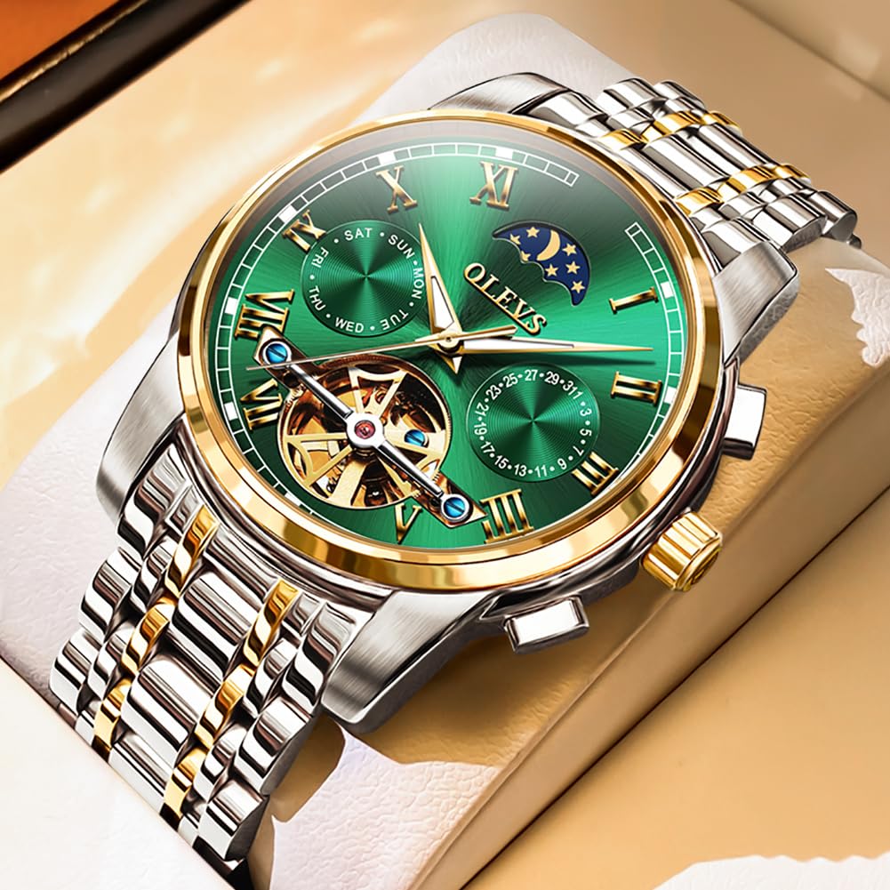 OLEVS Men Automatic Mechanical Skeleton Moon Phase Dress Watch Stainless Steel Waterproof Luminous Green Wrist Watch - View 2 of 6