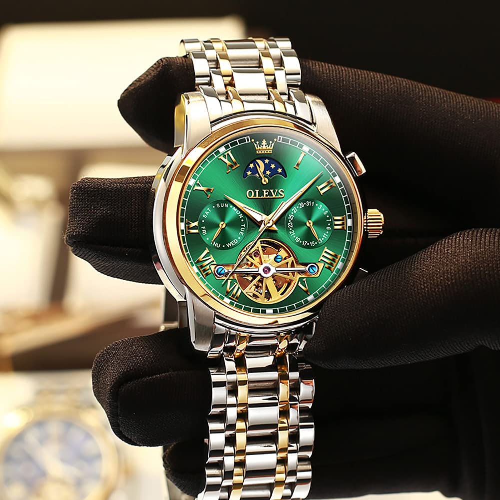 OLEVS Men Automatic Mechanical Skeleton Moon Phase Dress Watch Stainless Steel Waterproof Luminous Green Wrist Watch - View 3 of 6