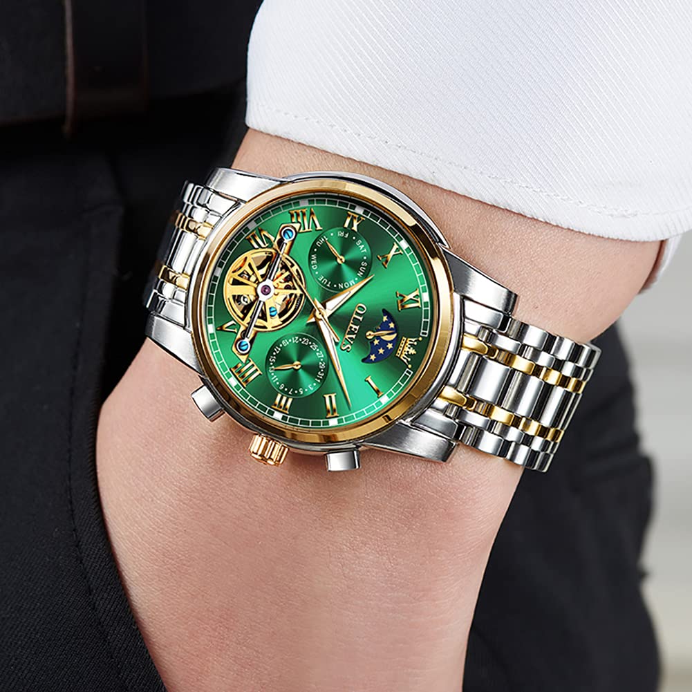 OLEVS Men Automatic Mechanical Skeleton Moon Phase Dress Watch Stainless Steel Waterproof Luminous Green Wrist Watch - View 4 of 6