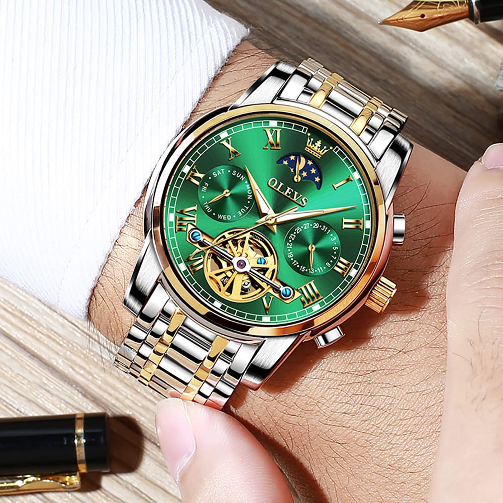 OLEVS Men Automatic Mechanical Skeleton Moon Phase Dress Watch Stainless Steel Waterproof Luminous Green Wrist Watch - View 5 of 6