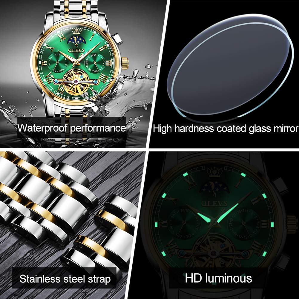 OLEVS Men Automatic Mechanical Skeleton Moon Phase Dress Watch Stainless Steel Waterproof Luminous Green Wrist Watch - View 6 of 6