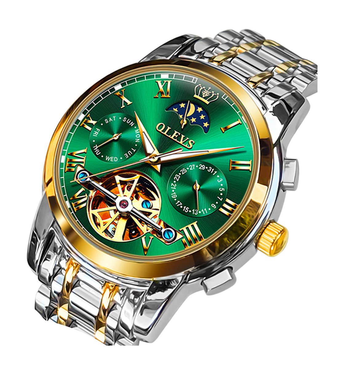 OLEVS Men Automatic Mechanical Skeleton Moon Phase Dress Watch Stainless Steel Waterproof Luminous Green Wrist Watch