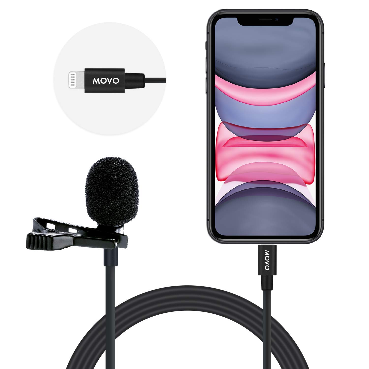 Movo iLav-L Digital Lavalier Microphone with Lightning Connector for iPhone iPad iPod and iOS Devices 20 Foot Cord