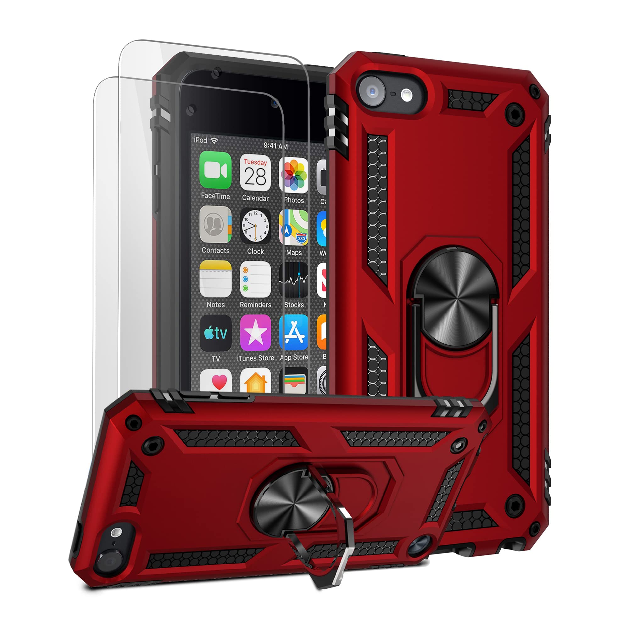 ULAK ULAK iPod Touch 7/6/5 Case with Kickstand & 2 HD Screen Protectors - Rugged Shockproof Cover (Red)