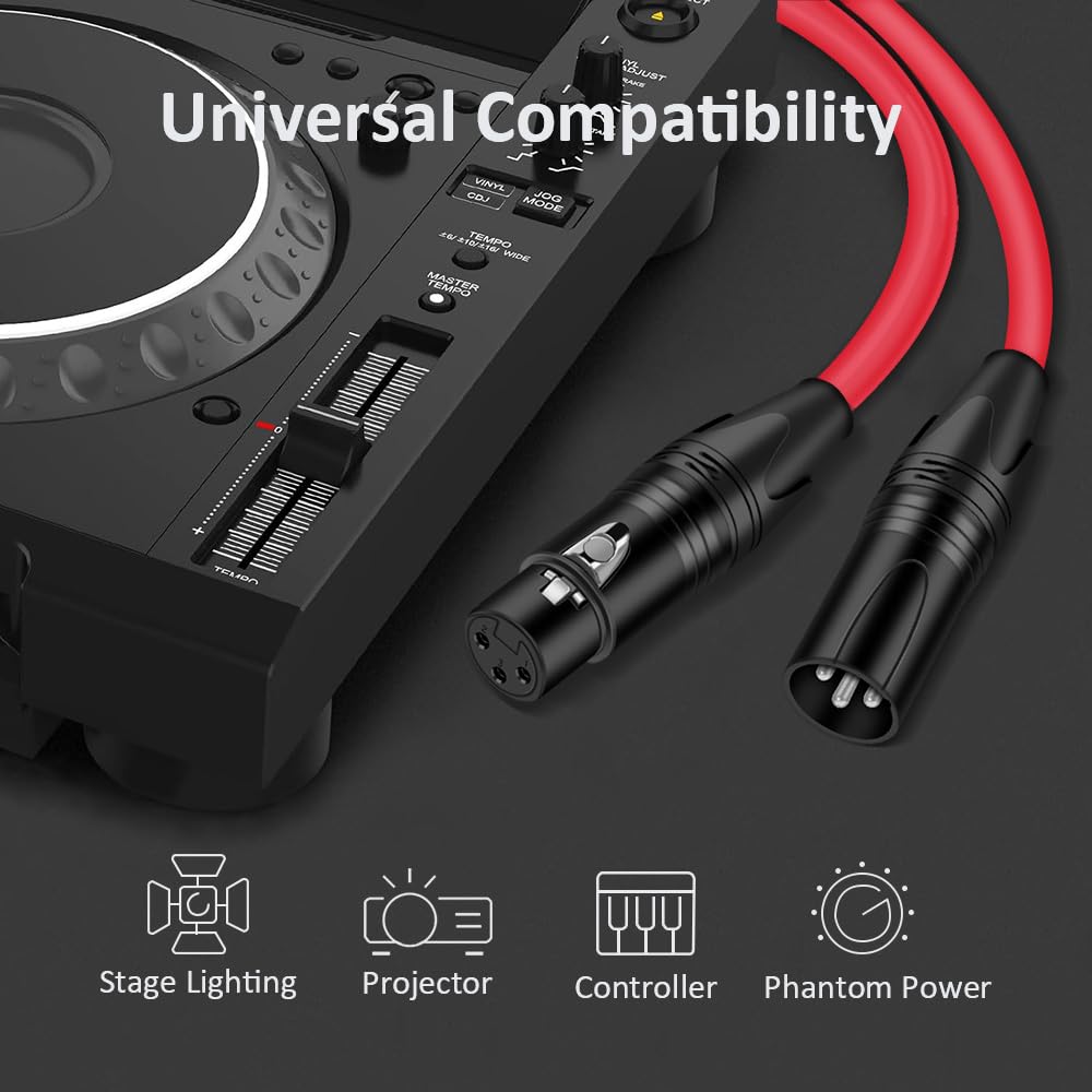 DREMAKE 40FT XLR Instrument Microphone Audio Extension Cord Balanced 3 Pin Male to Female Mic Cable Red - View 2 of 6