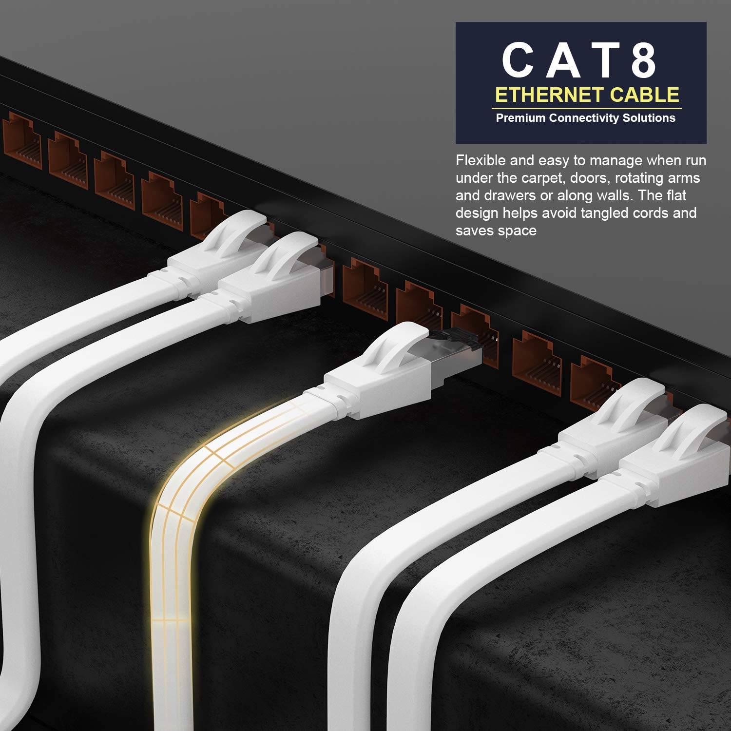 CAT8 Ethernet Cable 6ft Flat Patch Cable RJ45 Connector 25Gbps 2000MHz Gigabit LAN Cable Indoor Outdoor Compatible with Laptop Switch Router PS5 PS4 - View 5 of 6