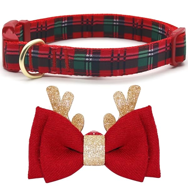 azuza Azuza Christmas Dog Collar Plaid Design with Glitter Reindeer Antler and Bowtie Soft Comfy Xmas Collars for Large Dogs