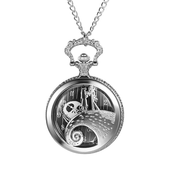 JewelryWe JewelryWe Nightmare Before Christmas Pocket Watch Antique Quartz Pendant Chain Necklace for Men and Women