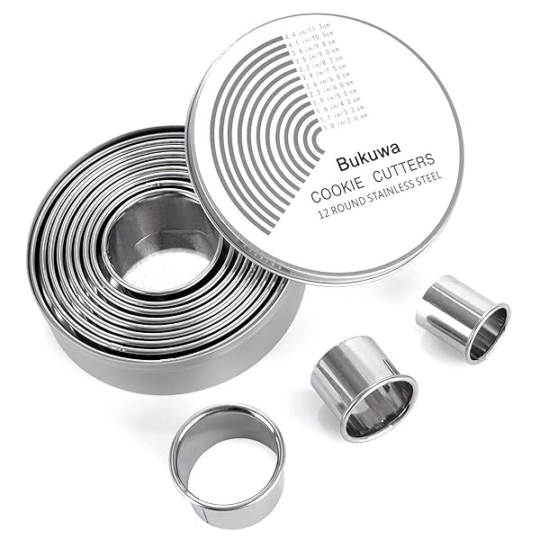 Bukuwa 12 Piece Round Cookie Cutter Set Stainless Steel Graduated Circle Pastry and Donut Molds for Baking