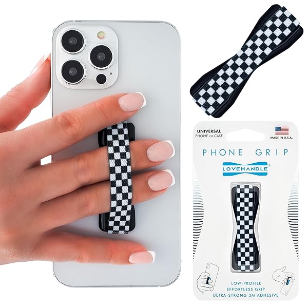 LOVEHANDLE LOVEHANDLE Universal Phone Grip for Smartphones and Mini Tablets Wireless Charging Compatible Made in The USA Black and White Checkered - View 2 of 9