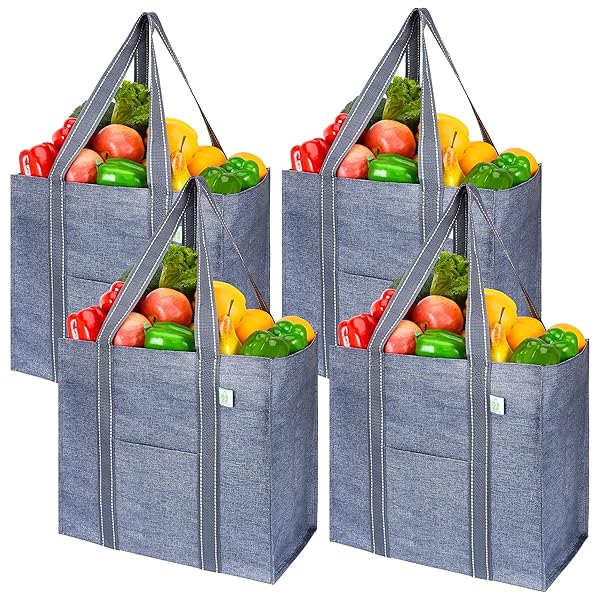 VENO VENO 4 Pack Reusable Grocery Bags with Hard Bottom Heavy Duty Shopping Bags for Shopping Cart Gray 4 Pack