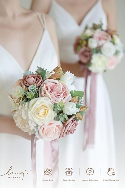 Ling's moment Ling's Moment Pink Bridesmaid Bouquet Set of 4 Dusty Rose Wedding Flowers 7 Inch Bridal Bouquets for Weddings Ceremonies Anniversaries - View 4 of 8