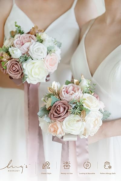 Ling's moment Ling's Moment Pink Bridesmaid Bouquet Set of 4 Dusty Rose Wedding Flowers 7 Inch Bridal Bouquets for Weddings Ceremonies Anniversaries - View 5 of 8