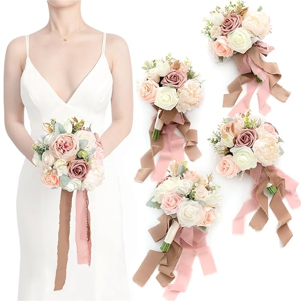 Ling's moment Ling's Moment Pink Bridesmaid Bouquet Set of 4 Dusty Rose Wedding Flowers 7 Inch Bridal Bouquets for Weddings Ceremonies Anniversaries