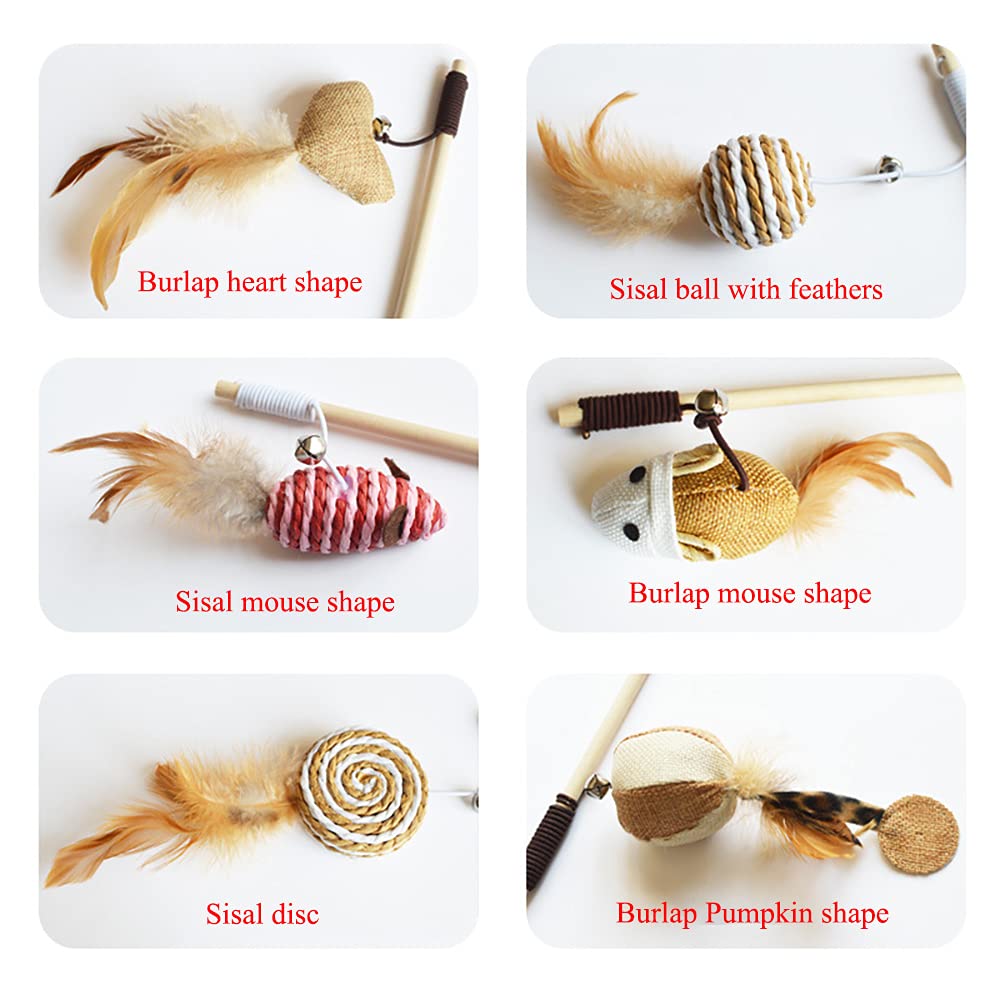 Juvbarxy Artshu 6pcs 40cm Feather Linen Wand Cat Catcher Teaser Stick Interactive Toy with Wood Rod and Mini Bell for Cats - View 2 of 7