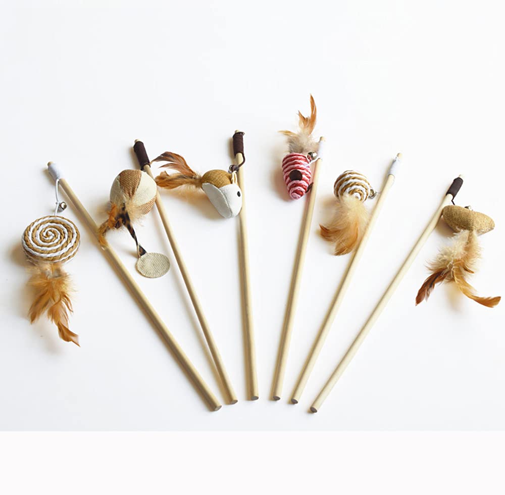 Juvbarxy Artshu 6pcs 40cm Feather Linen Wand Cat Catcher Teaser Stick Interactive Toy with Wood Rod and Mini Bell for Cats - View 4 of 7