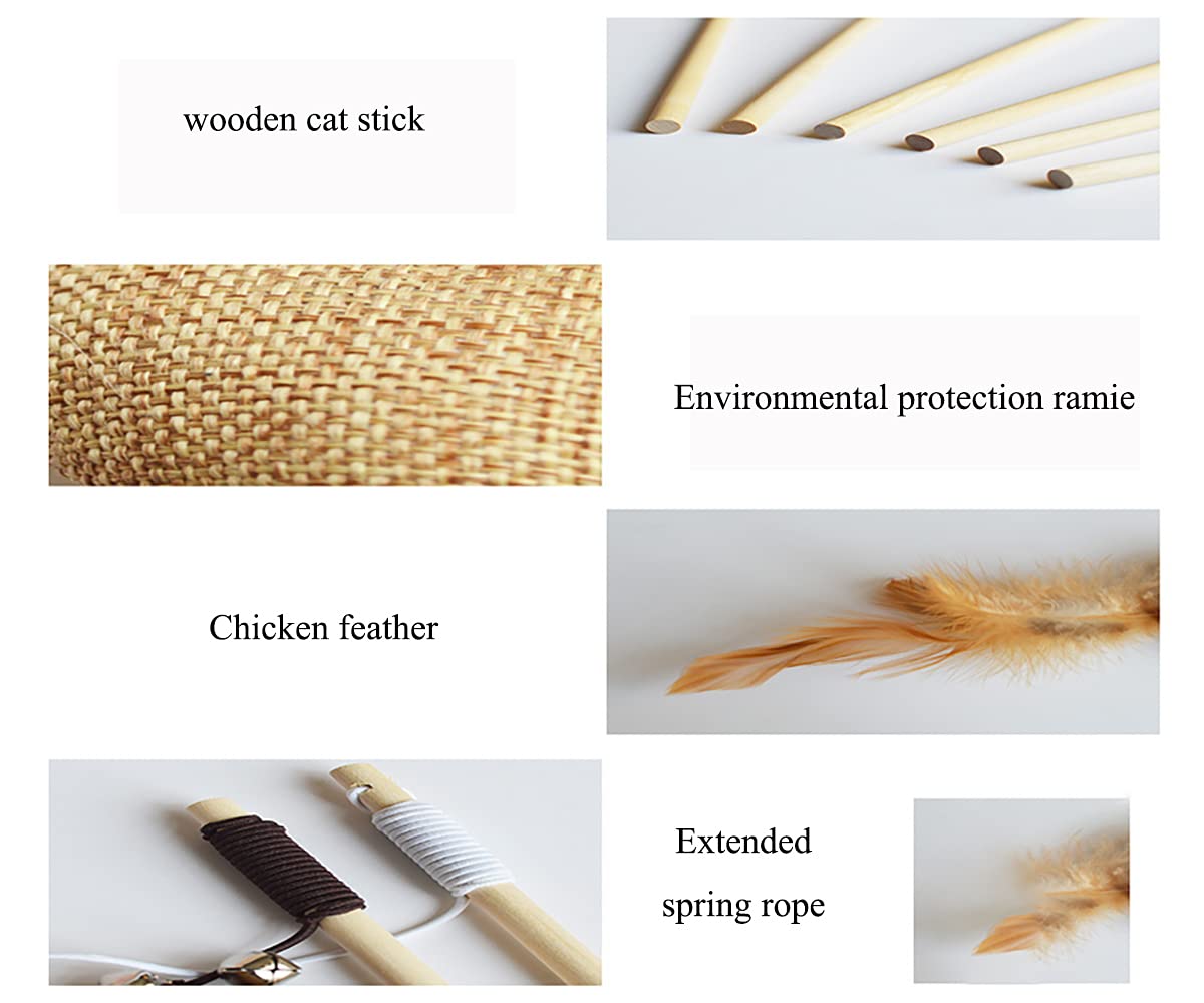 Juvbarxy Artshu 6pcs 40cm Feather Linen Wand Cat Catcher Teaser Stick Interactive Toy with Wood Rod and Mini Bell for Cats - View 7 of 7