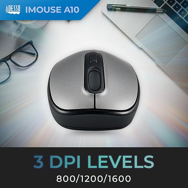 Adesso iMouse A10 Wireless Optical Mouse 2.4 GHz RF 800 1200 1600 DPI Right Left Hand Use Nano Receiver Compatible with Windows Mac - View 7 of 11