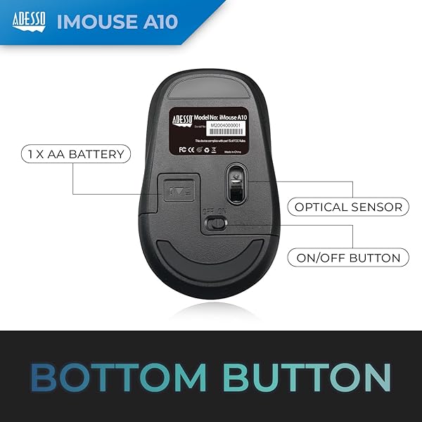 Adesso iMouse A10 Wireless Optical Mouse 2.4 GHz RF 800 1200 1600 DPI Right Left Hand Use Nano Receiver Compatible with Windows Mac - View 9 of 11