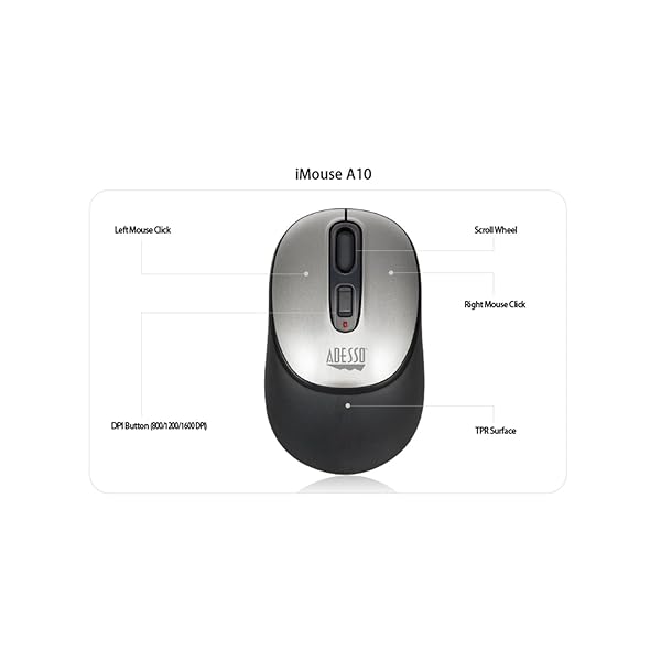 Adesso iMouse A10 Wireless Optical Mouse 2.4 GHz RF 800 1200 1600 DPI Right Left Hand Use Nano Receiver Compatible with Windows Mac - View 10 of 11