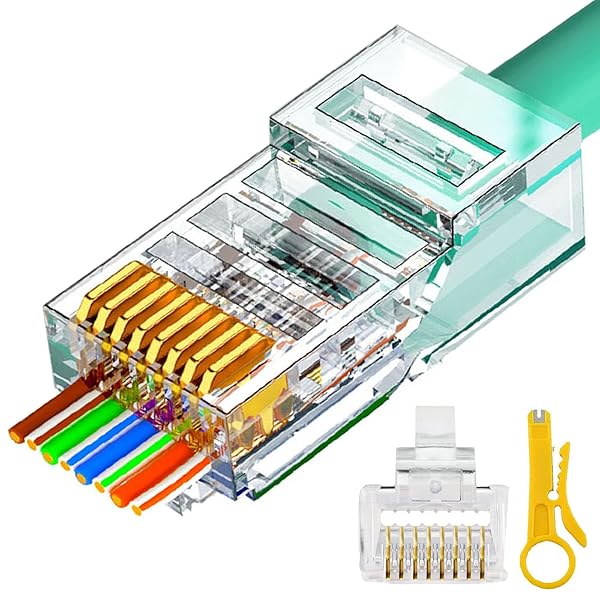 PETECHTOOL RJ45 Cat6 Cat5e Pass Through Connectors 100 Pack Gold Plated 3 Prong 8P8C Modular Ethernet Cable Plugs for Solid Wire and Standard Cables