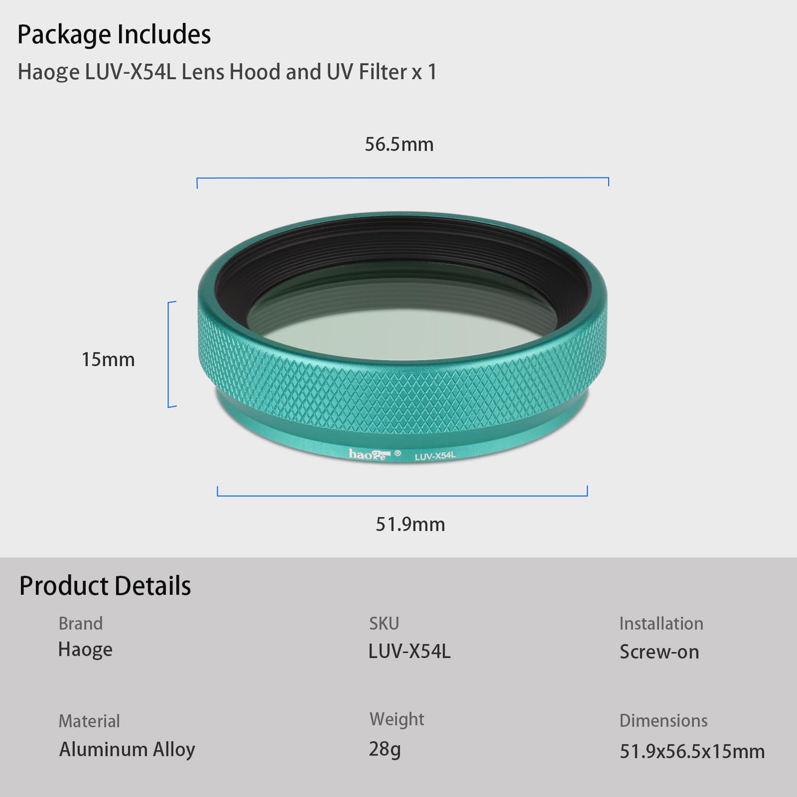 Haoge Haoge LUV-X54L Metal Lens Hood with MC UV Protection for Fujifilm X100VI X100V Camera Green - View 8 of 8