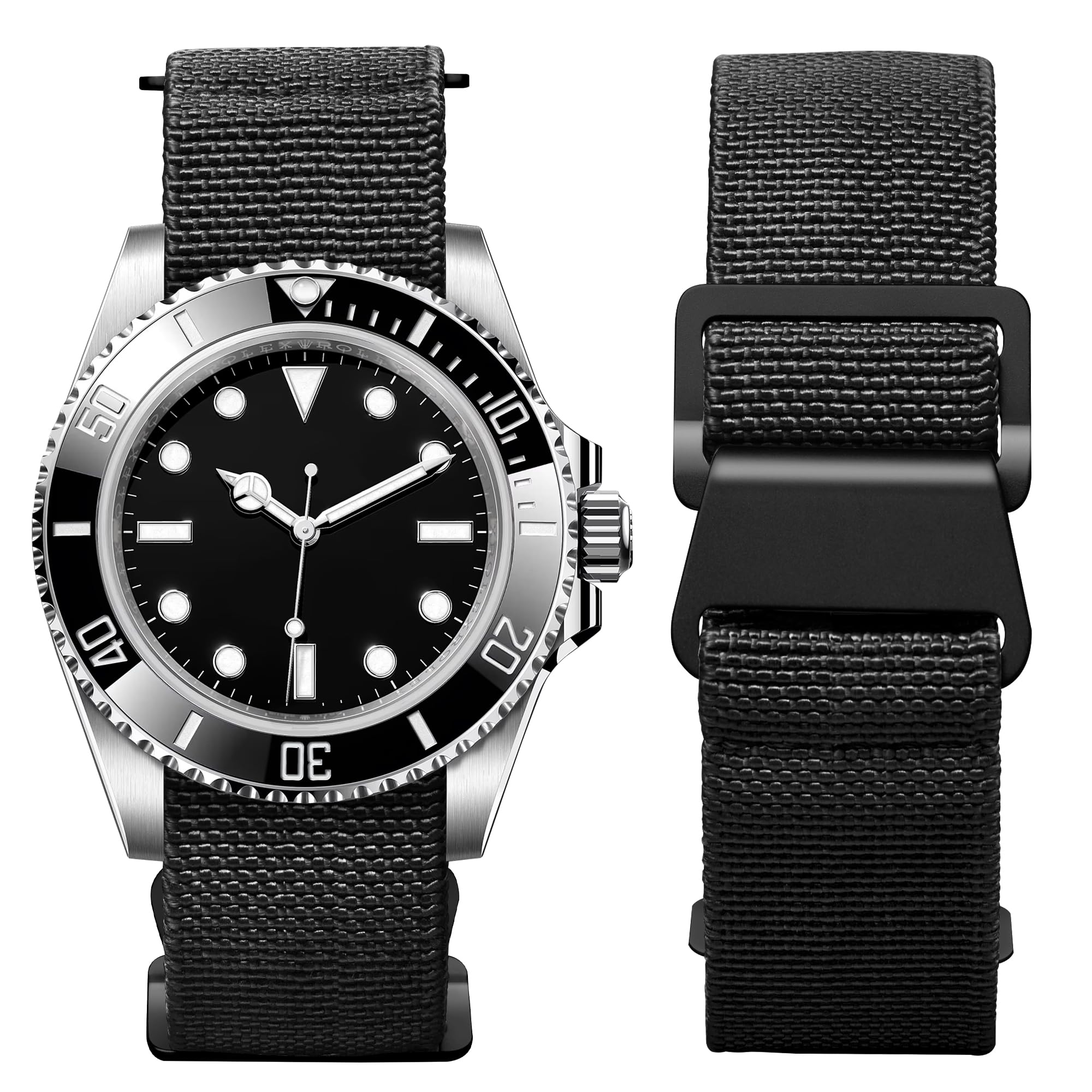 BINLUN Waterproof Elastic Fabric Nylon Watch Band Military Replacement Strap for Men Women Silver Black Buckle 18 20 22mm