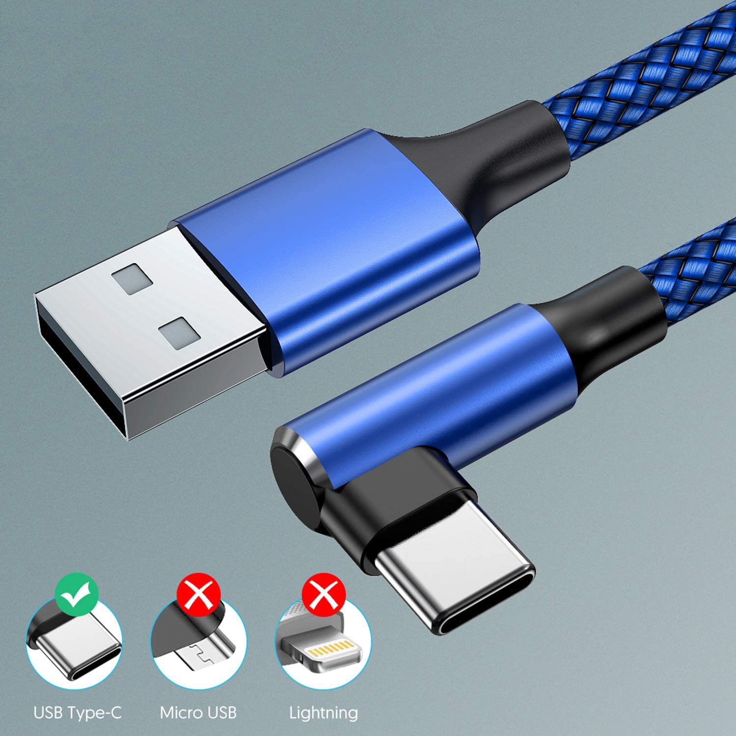 EWUONU USB C Cable 90 Degree Right Angle 2Pack 10FT Fast Charging Nylon Braided for Samsung Galaxy S22 Ultra S21 Note 20 PS5 Google Pixel iPad Pro - View 4 of 7