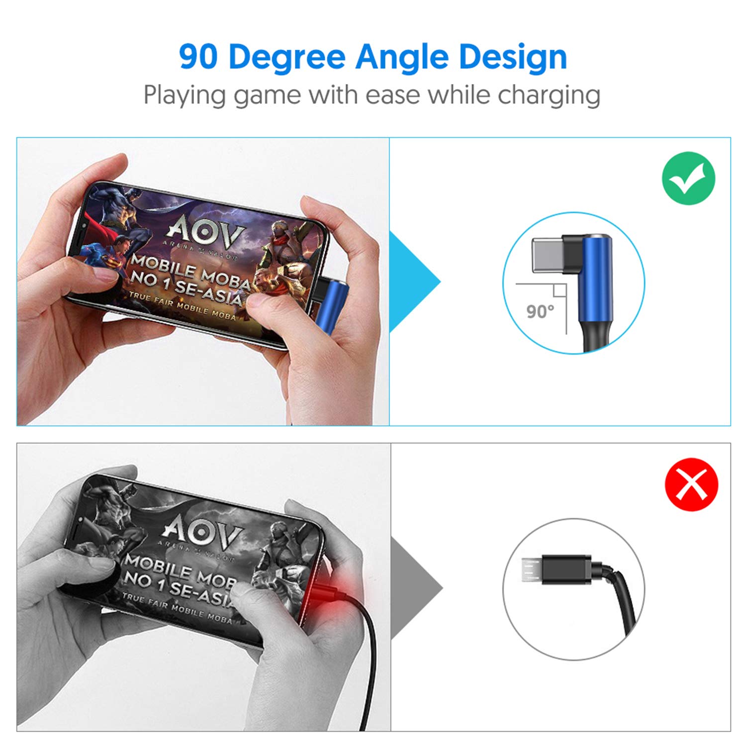 EWUONU USB C Cable 90 Degree Right Angle 2Pack 10FT Fast Charging Nylon Braided for Samsung Galaxy S22 Ultra S21 Note 20 PS5 Google Pixel iPad Pro - View 5 of 7