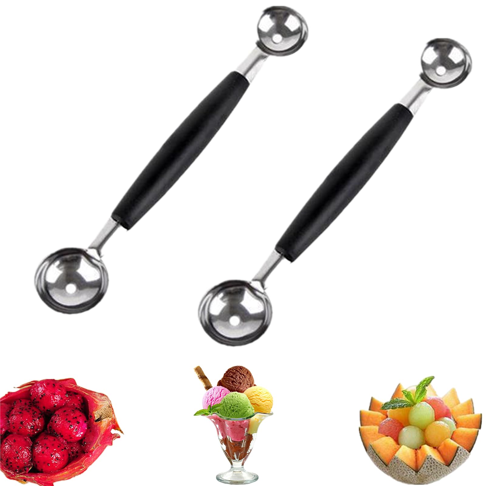 CaoXiong 2 Pack Double-Ended Stainless Steel Melon Baller - Perfect for Ice Cream, Fruits, Sorbet & Meatballs