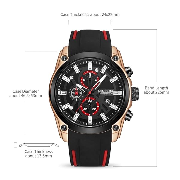 MEGIR MEGIR Men's Luminous Quartz Sport Chronograph Watch with Silicone Strap 2144 Rose Black - View 5 of 8