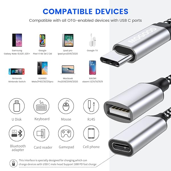 MOGOOD USB C OTG Splitter & Adapter with 18W PD Charging for Samsung Galaxy S22, Note 10, Switch, Chromecast & More - View 7 of 8