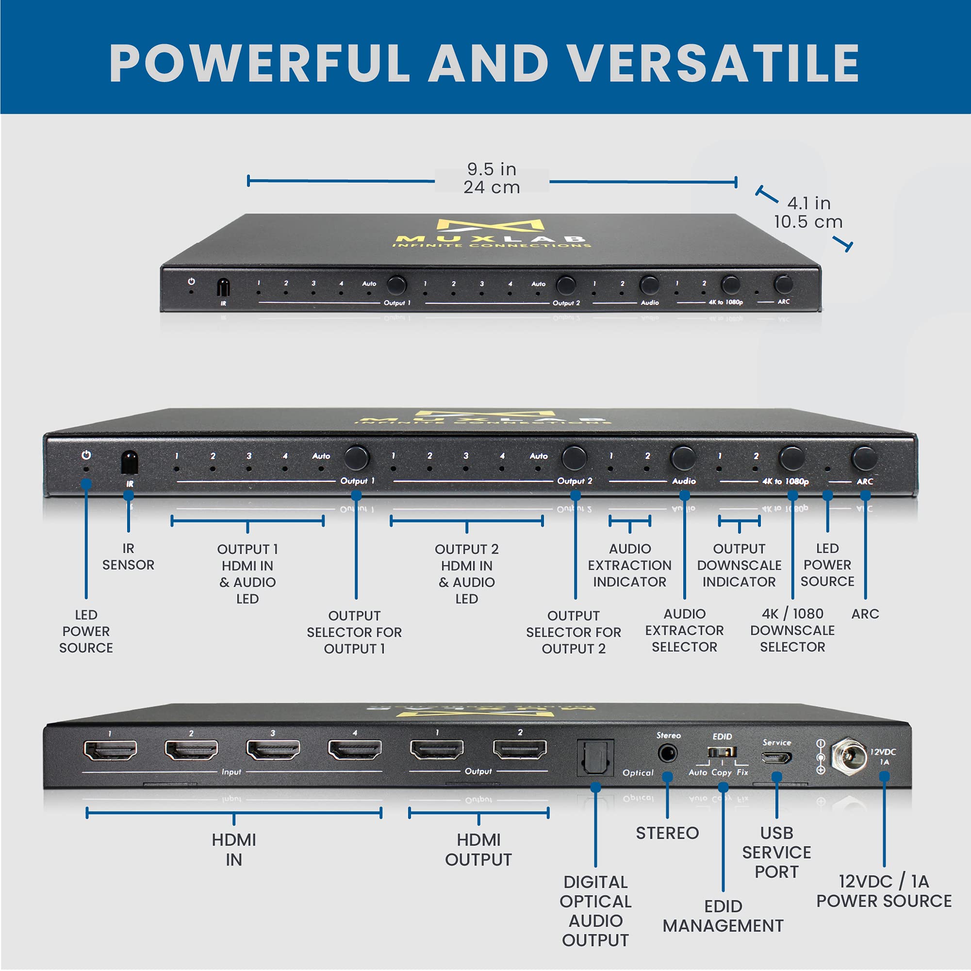 MuxLab 4x2 HDMI 2.0 4K 60Hz Matrix Switcher with IR Remote Supports 4K 60Hz 4 in 2 Out No Driver Control with Push Button - View 2 of 7