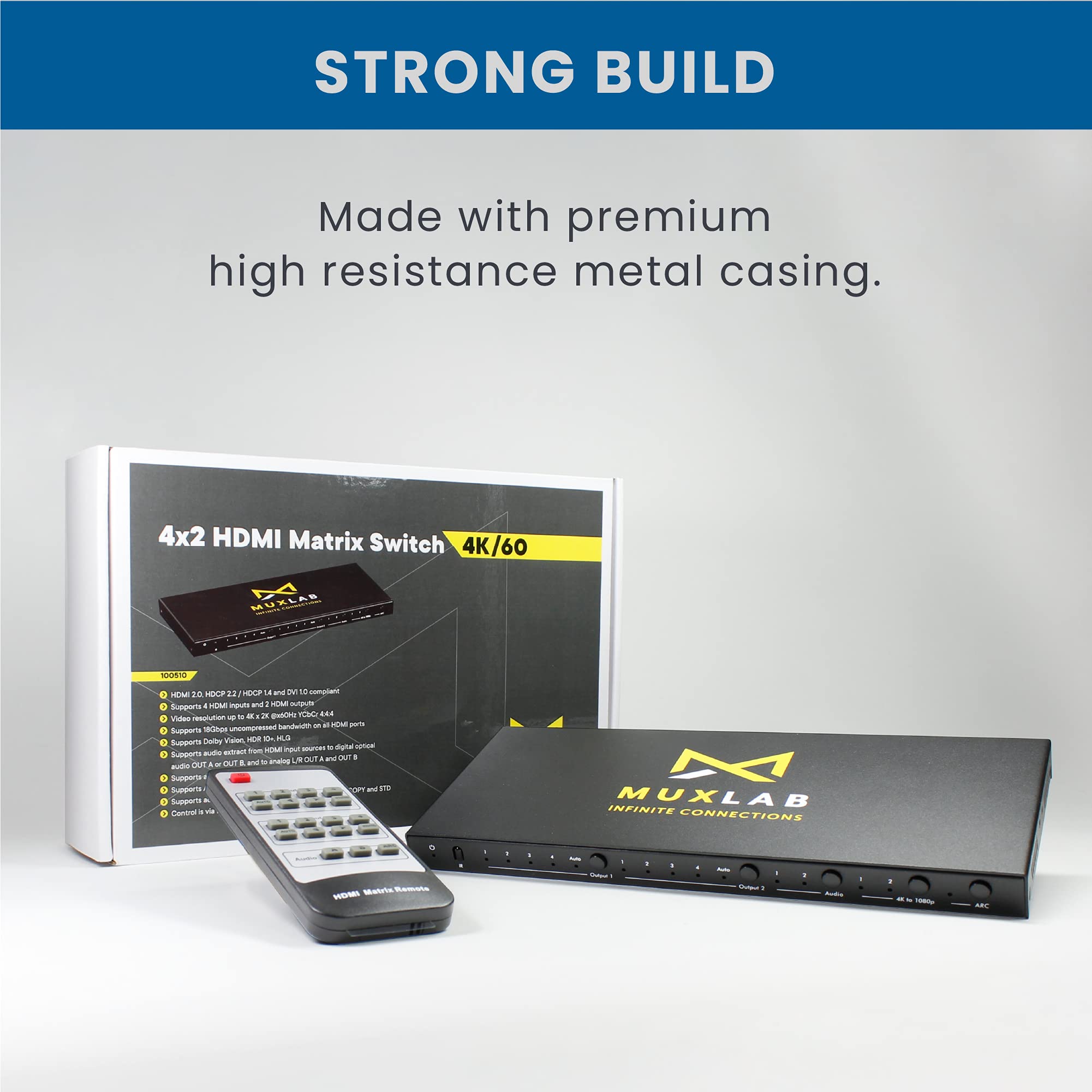 MuxLab 4x2 HDMI 2.0 4K 60Hz Matrix Switcher with IR Remote Supports 4K 60Hz 4 in 2 Out No Driver Control with Push Button - View 3 of 7