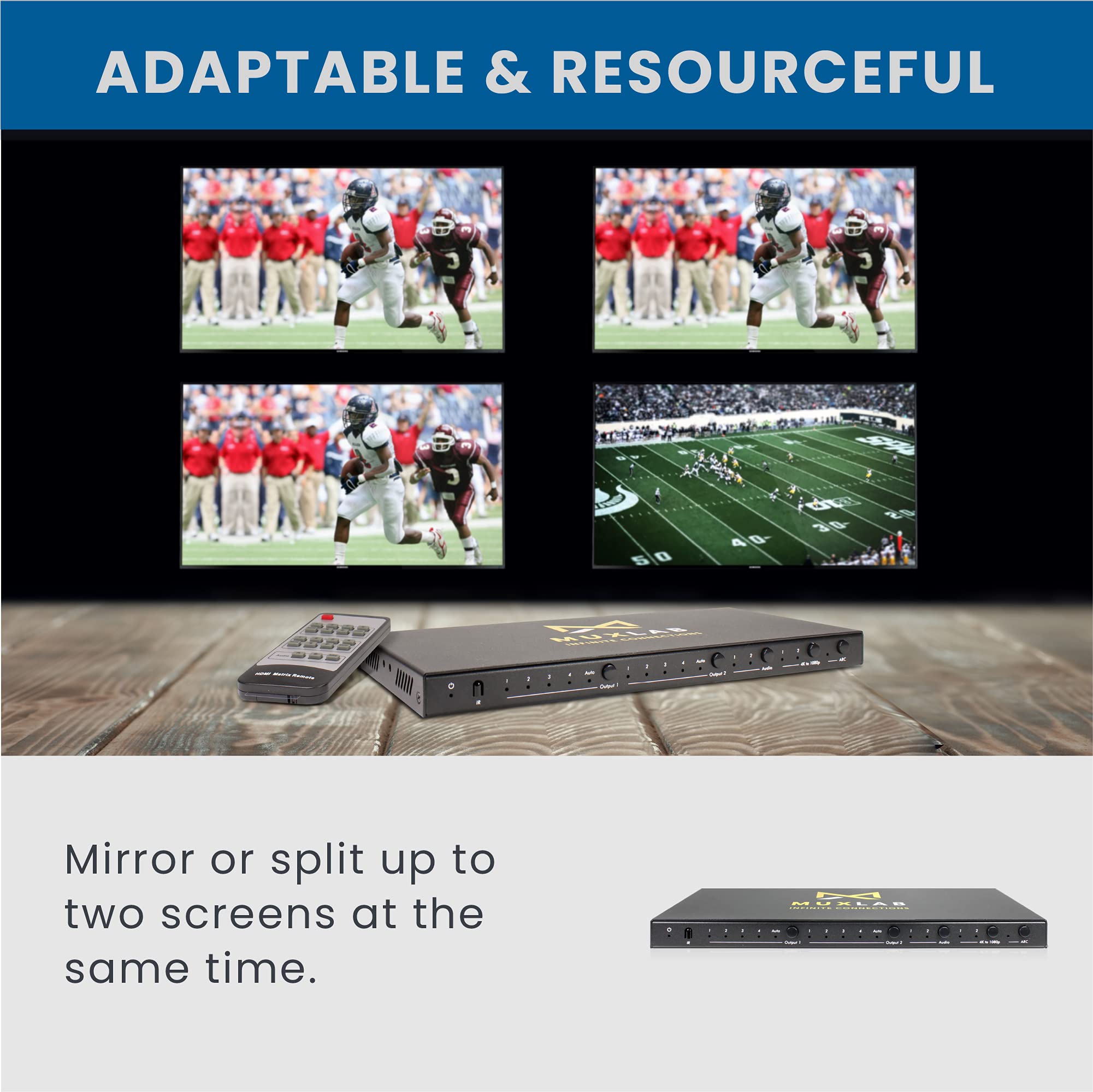 MuxLab 4x2 HDMI 2.0 4K 60Hz Matrix Switcher with IR Remote Supports 4K 60Hz 4 in 2 Out No Driver Control with Push Button - View 6 of 7