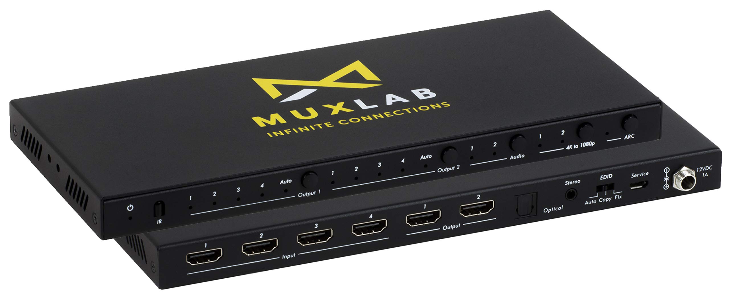 MuxLab 4x2 HDMI 2.0 4K 60Hz Matrix Switcher with IR Remote Supports 4K 60Hz 4 in 2 Out No Driver Control with Push Button