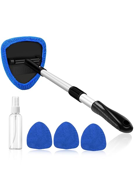 AstroAI Windshield Cleaner Tool Car Interior Detailing Kit with Extendable Handle and Reusable Microfiber Pads for Auto Glass Wiping