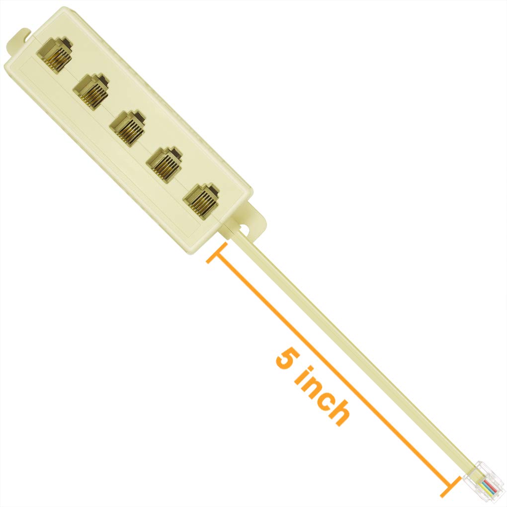 NECABLES NECABLES 1 Pack Phone Jack Splitter 5 Way RJ11 1 Male to 5 Females with Pigtail and Coupler for Landline and Fax Ivory - View 2 of 4