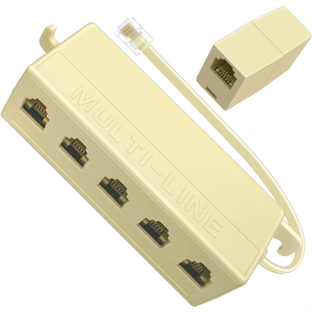 NECABLES 1 Pack Phone Jack Splitter 5 Way RJ11 1 Male to 5 Females with Pigtail and Coupler for Landline and Fax Ivory