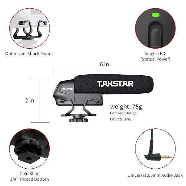 TAKSTAR TAKSTAR SGC-600 Video Microphone, Mini Shotgun Mic, Professional Camera Microphone for iPhone, Android Phone, Canon/Nikon/Sony Camera&Camcorder, Video Mic with Shock Mount, Windscreen, and 3.5mm Jack - View 3 of 9