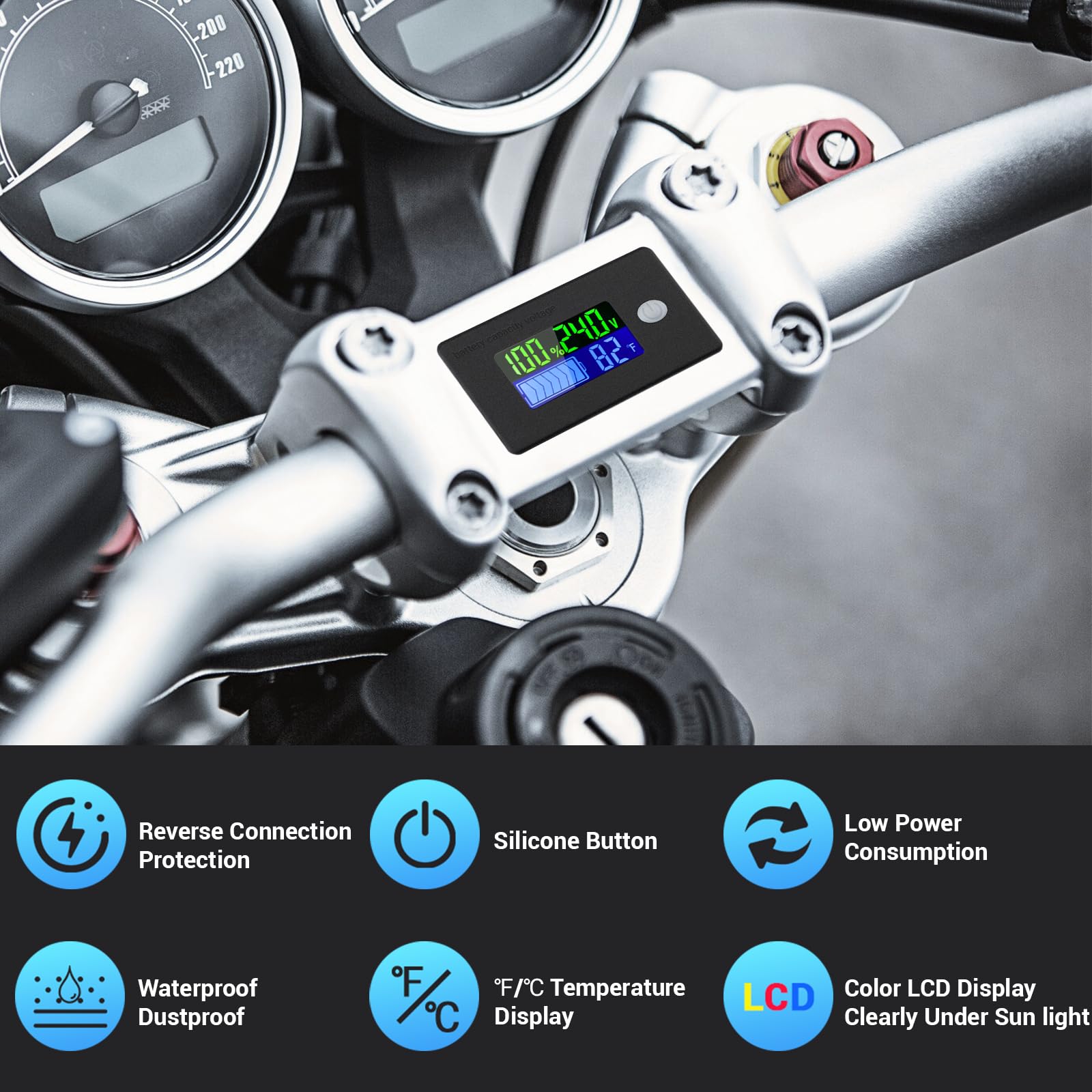 DROK DROK Volt Temp Meter 10-100V 24V Voltage Battery Capacity Monitor for Car and Marine with Fahrenheit Temperature Indicator - View 2 of 7