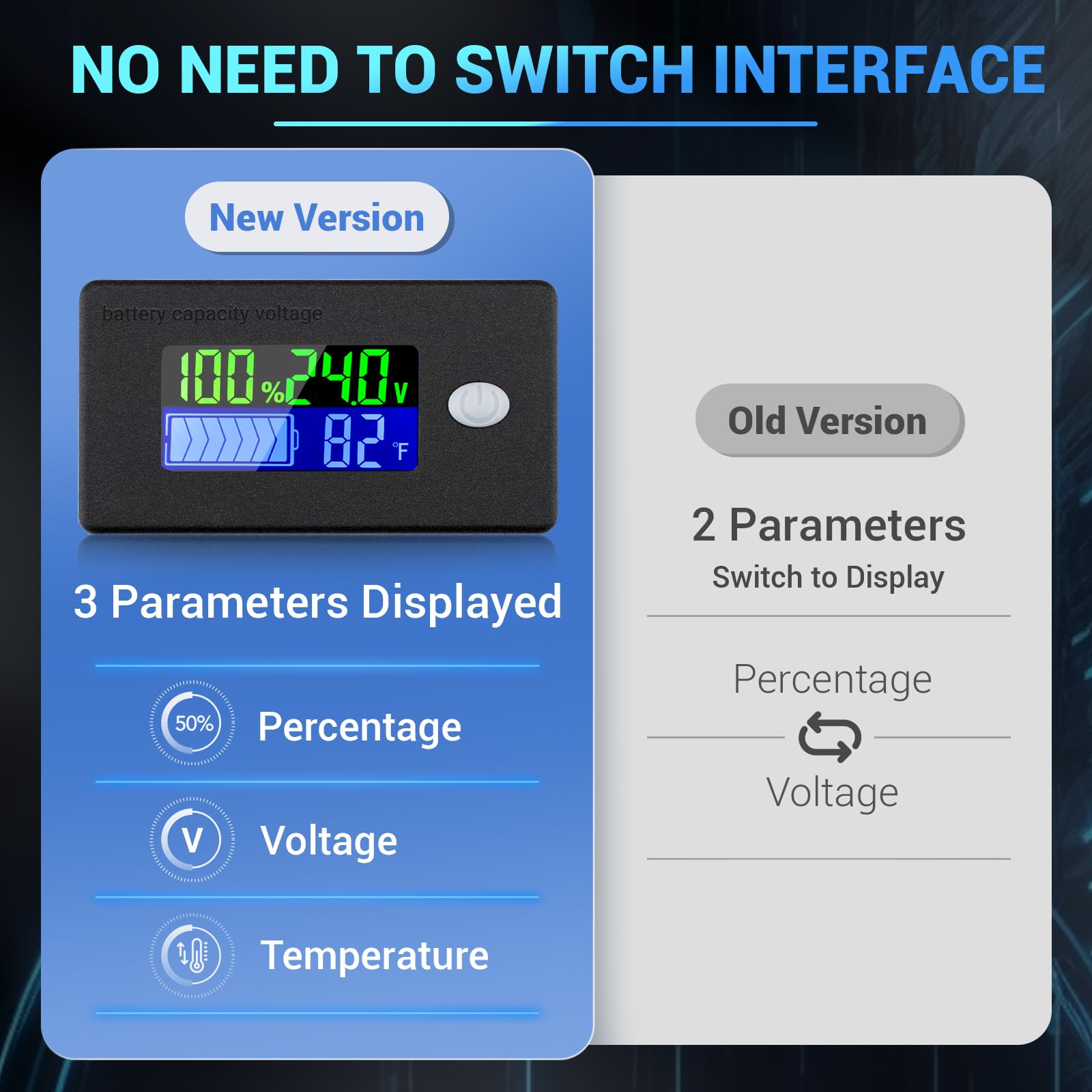 DROK DROK Volt Temp Meter 10-100V 24V Voltage Battery Capacity Monitor for Car and Marine with Fahrenheit Temperature Indicator - View 3 of 7