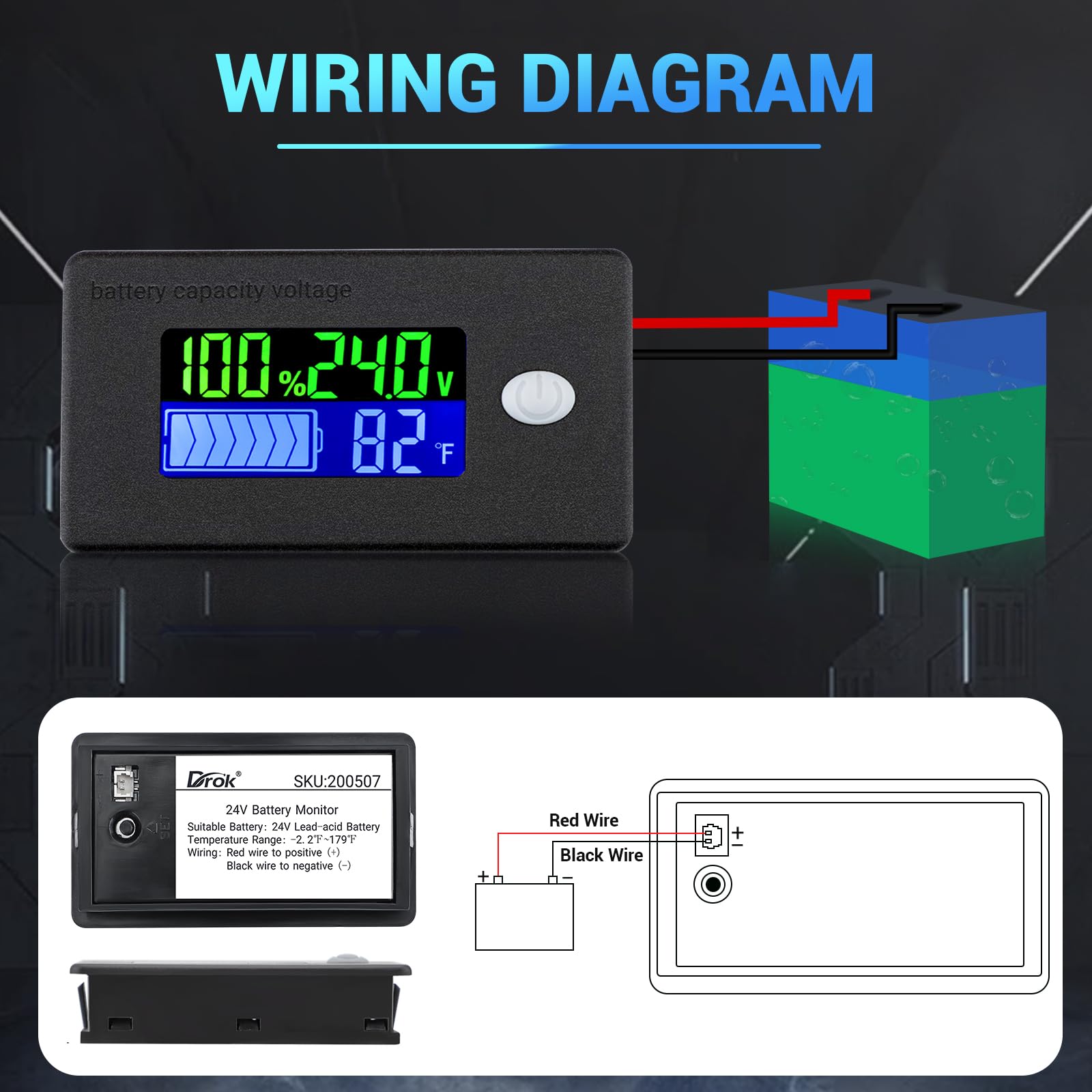 DROK DROK Volt Temp Meter 10-100V 24V Voltage Battery Capacity Monitor for Car and Marine with Fahrenheit Temperature Indicator - View 4 of 7